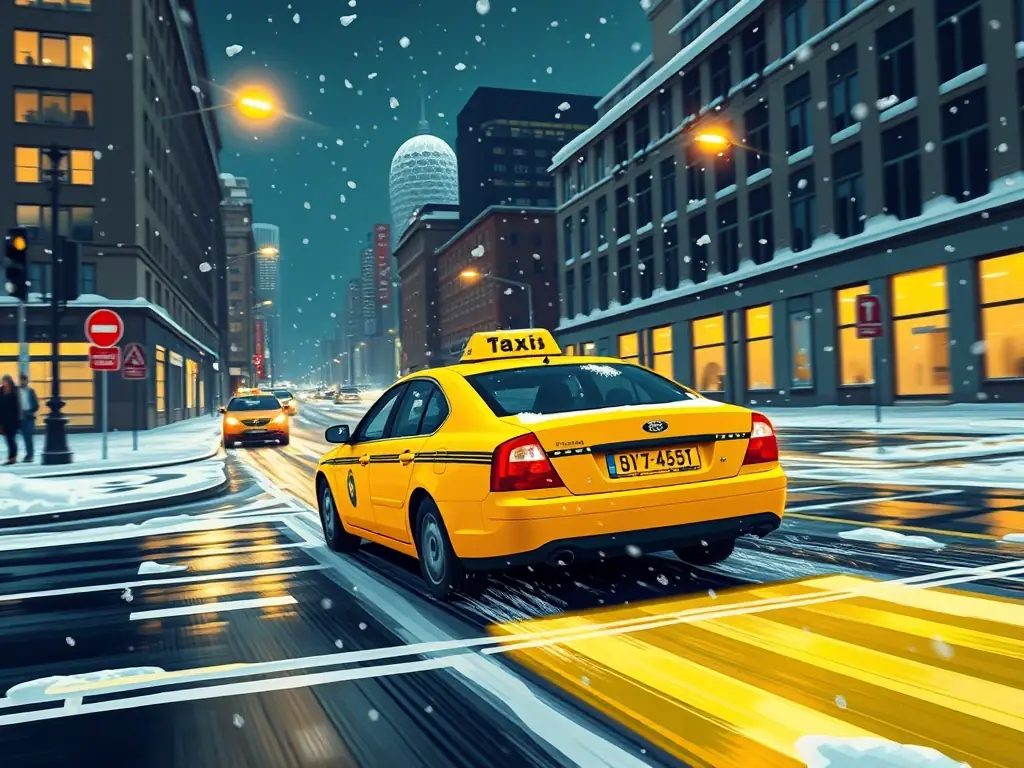 A digital illustration of a taxi speeding through a city street at night, symbolizing the fast-paced and efficient nature of the Taxikurset.no course.