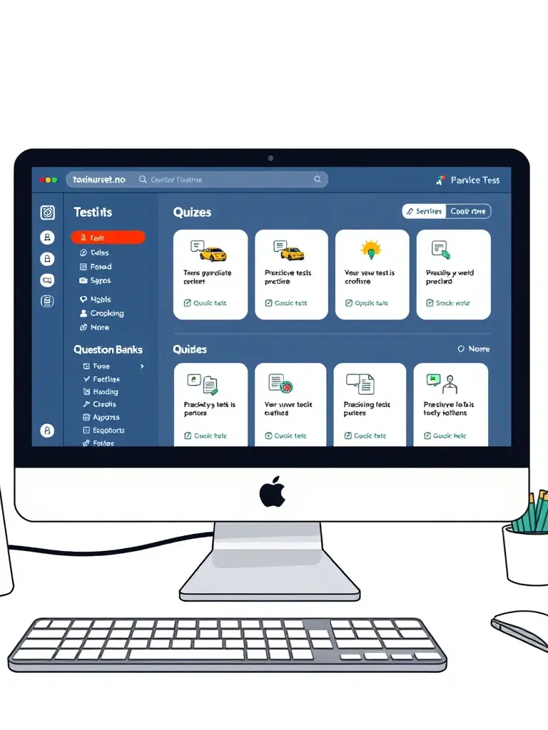 A screenshot of the Taxikurset.no platform, showcasing the extensive question bank with various practice tests and quizzes.
