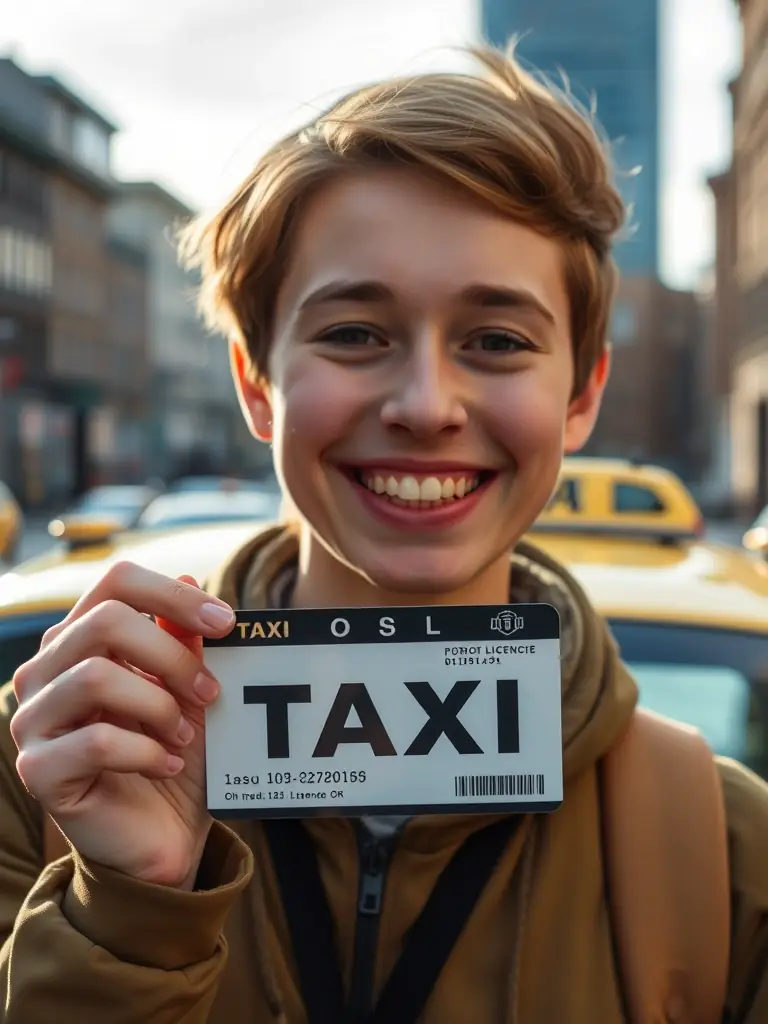 A student celebrating passing the taxi exam, holding their license with a broad smile, set against the backdrop of Oslo city.