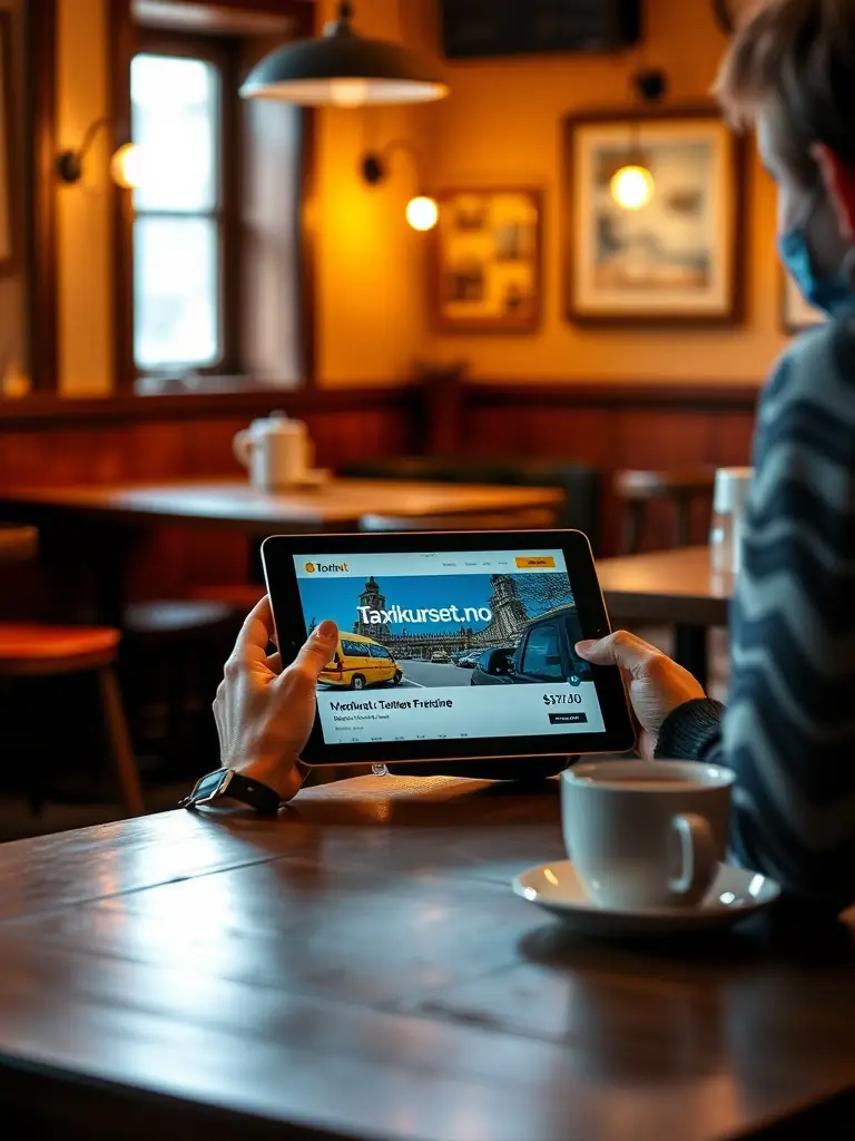 A person studying on a tablet in a cozy cafe, highlighting the flexibility and accessibility of the Taxikurset.no course.