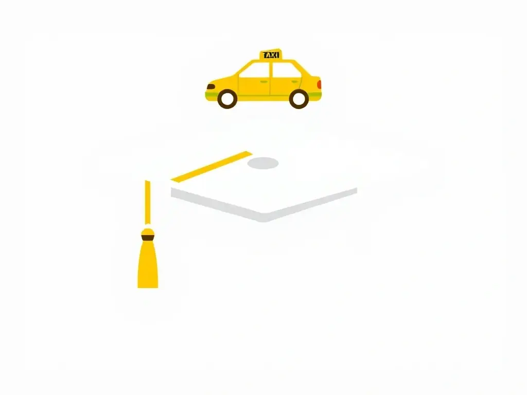 A graphic showing a graduation cap with a taxi icon, representing the successful completion of the Taxikurset.no course and the achievement of becoming a licensed taxi driver.